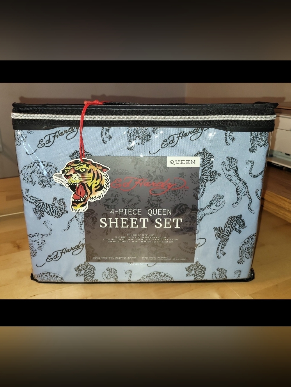 Ed Hardy Light Blue Queen Sheet Set with Tiger Motif